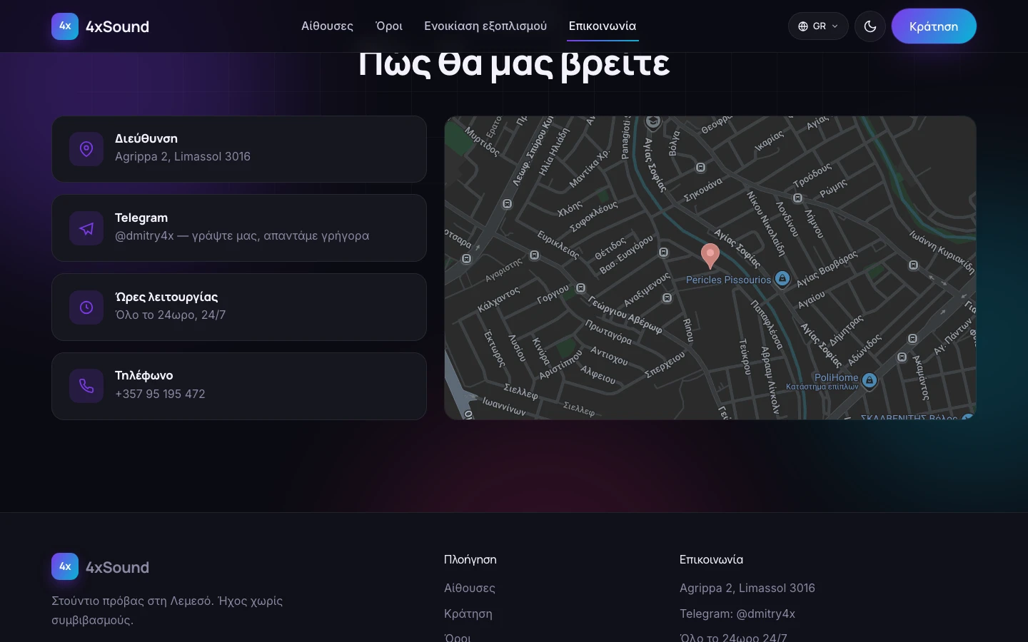 Επικοινωνία: διεύθυνση, χάρτης και Telegram