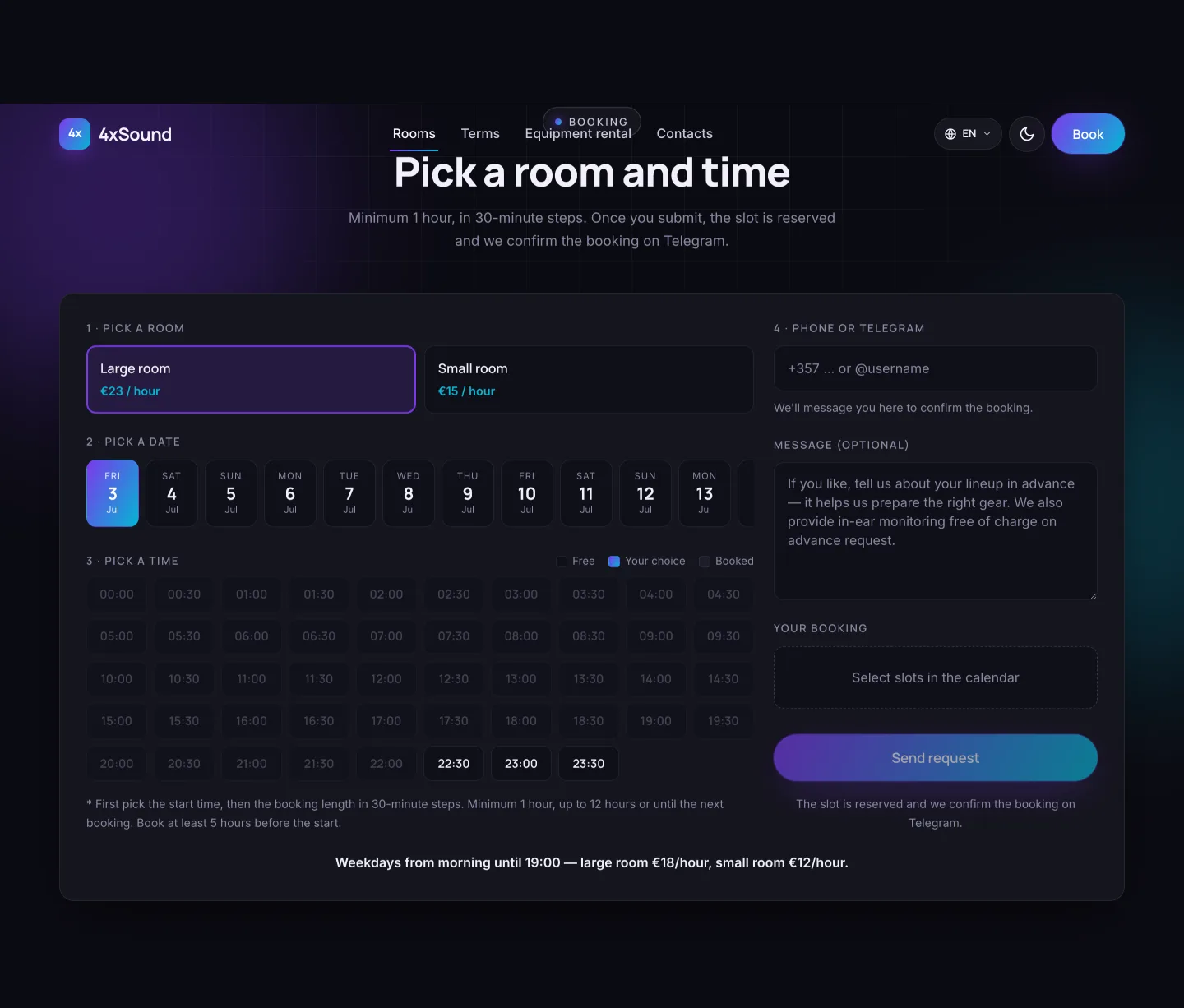 Booking engine: room choice, calendar and slot grid