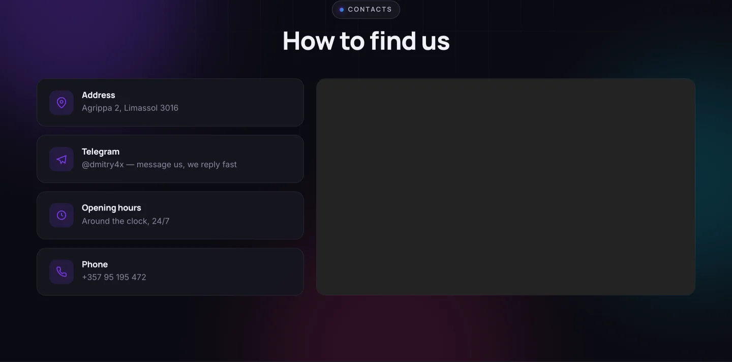 Contacts: address, map and Telegram