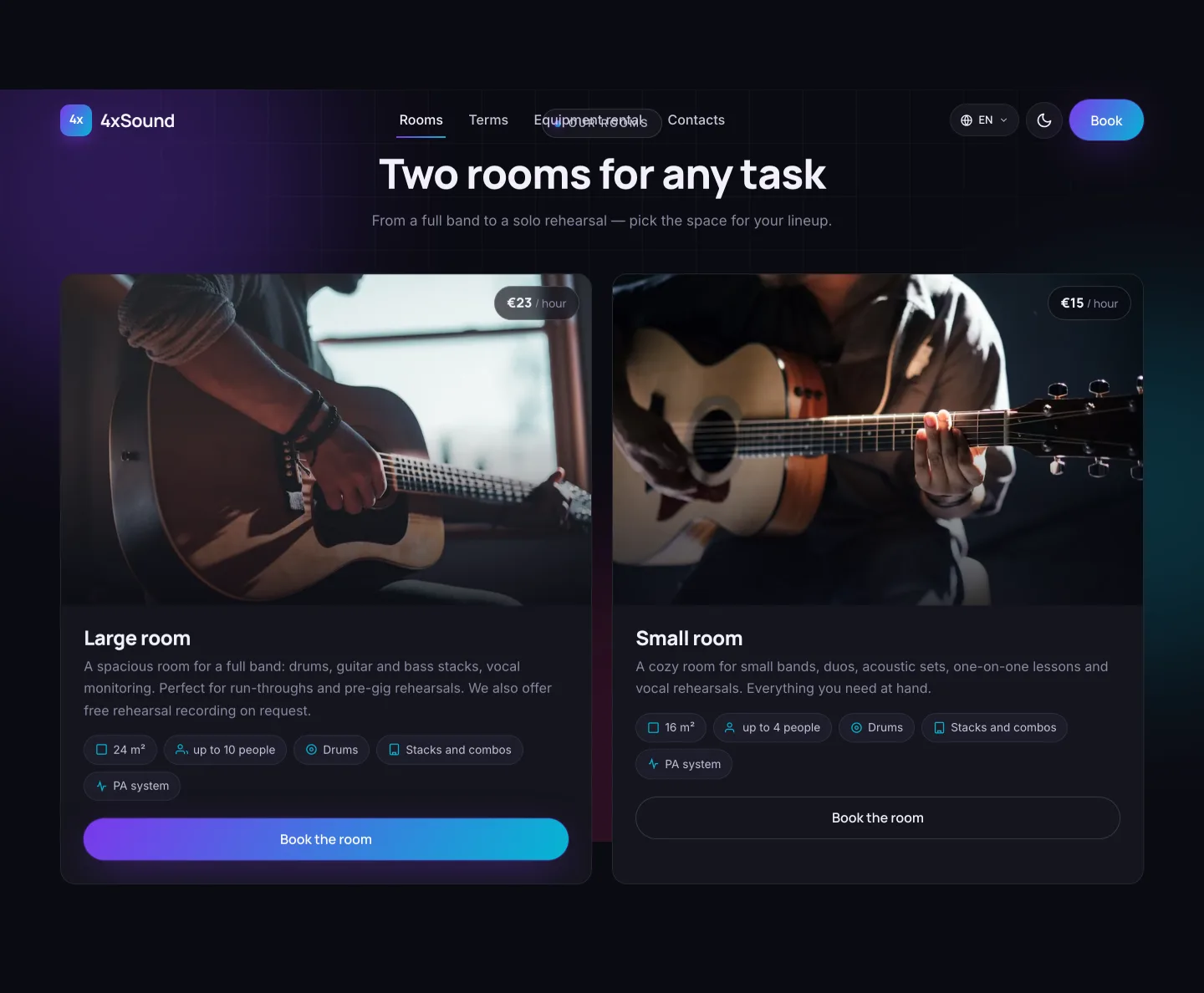 Rooms: two spaces with specs, price and gear