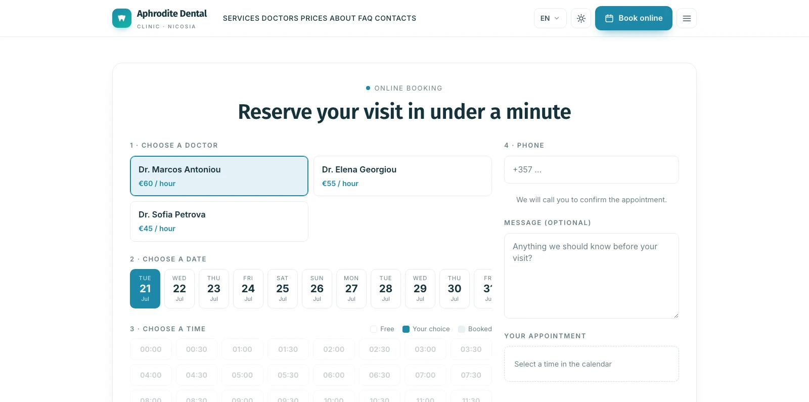Native online-booking widget — pick a dentist, day and time slot