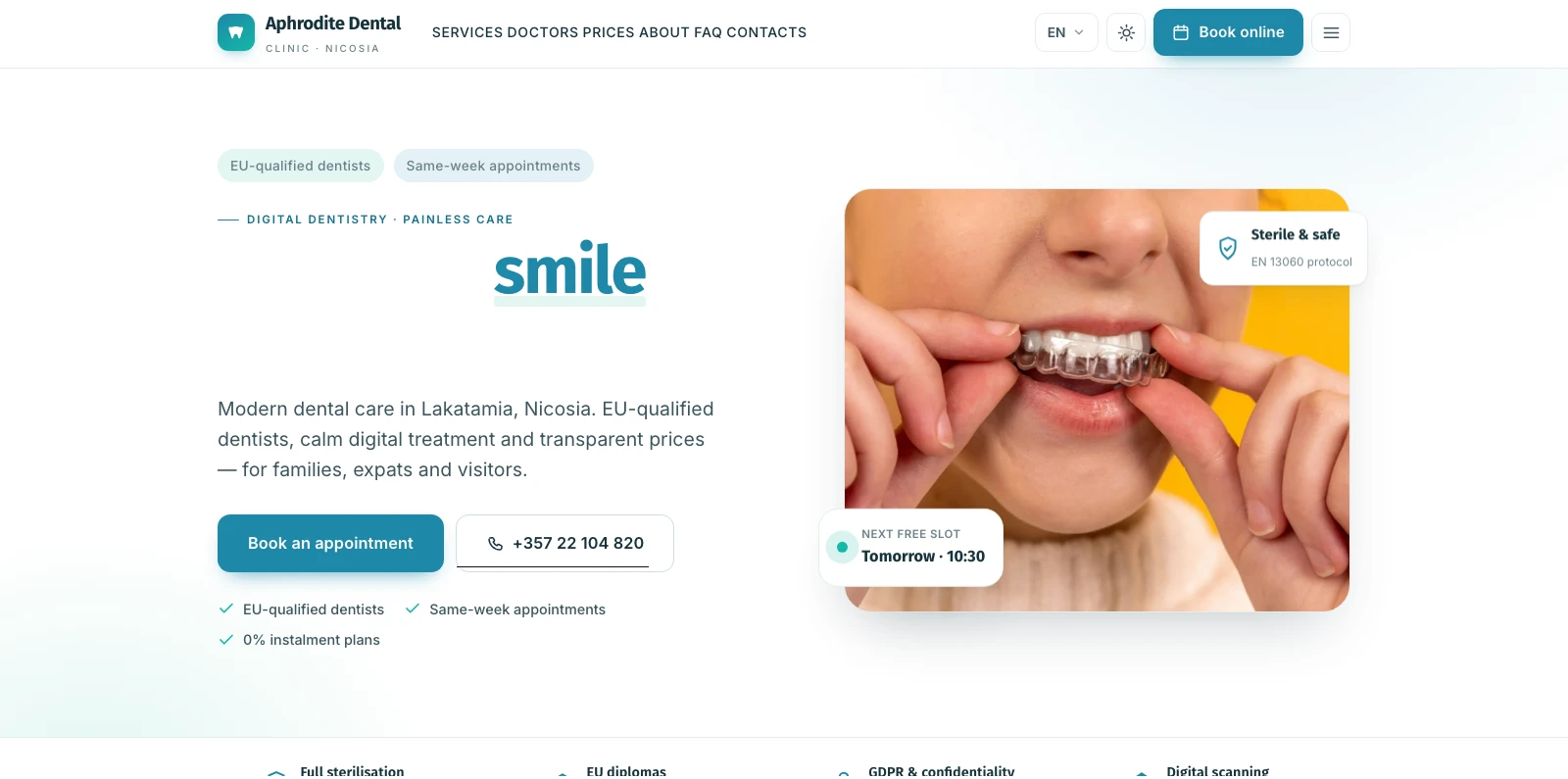 Homepage: clean-clinical hero with an online-booking CTA