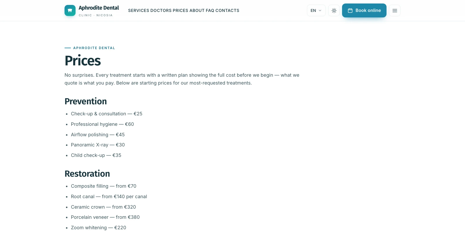 Transparent price list