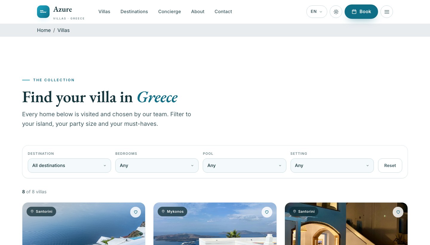 Filterable villa catalog