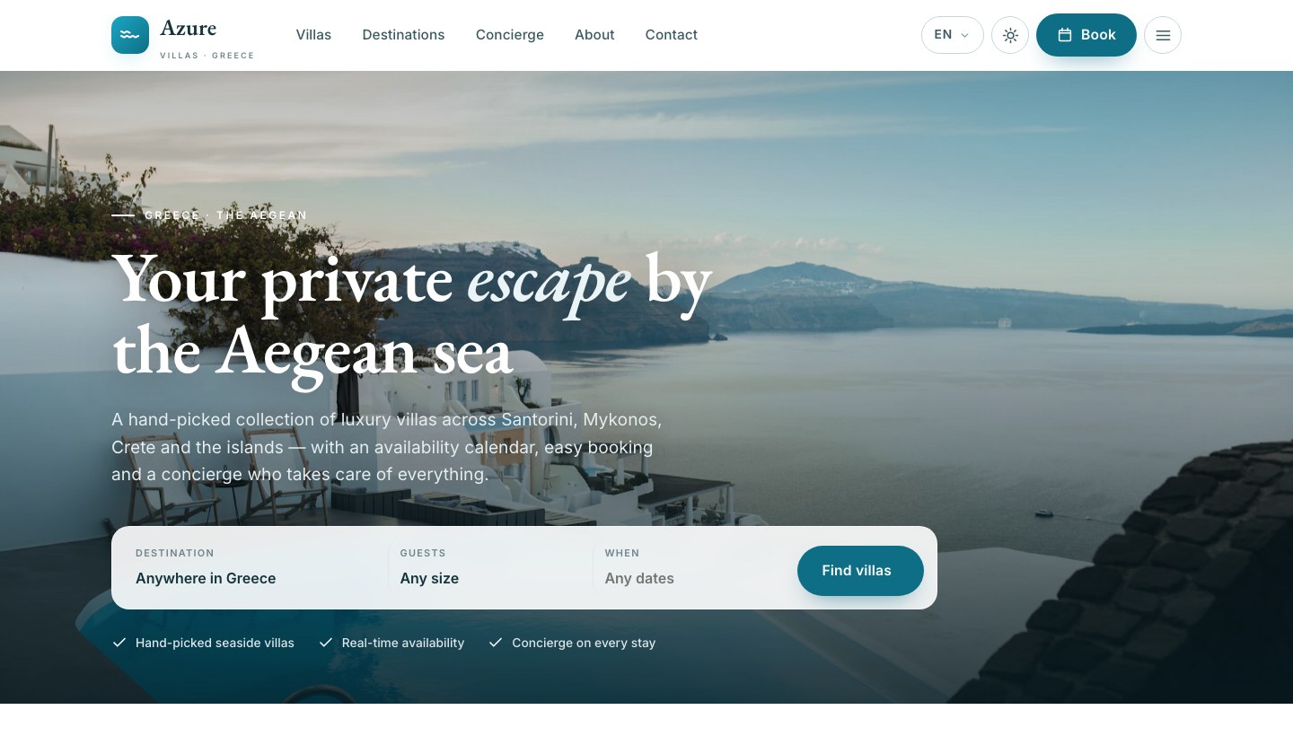 Homepage: booking-first search hero over a Santorini villa