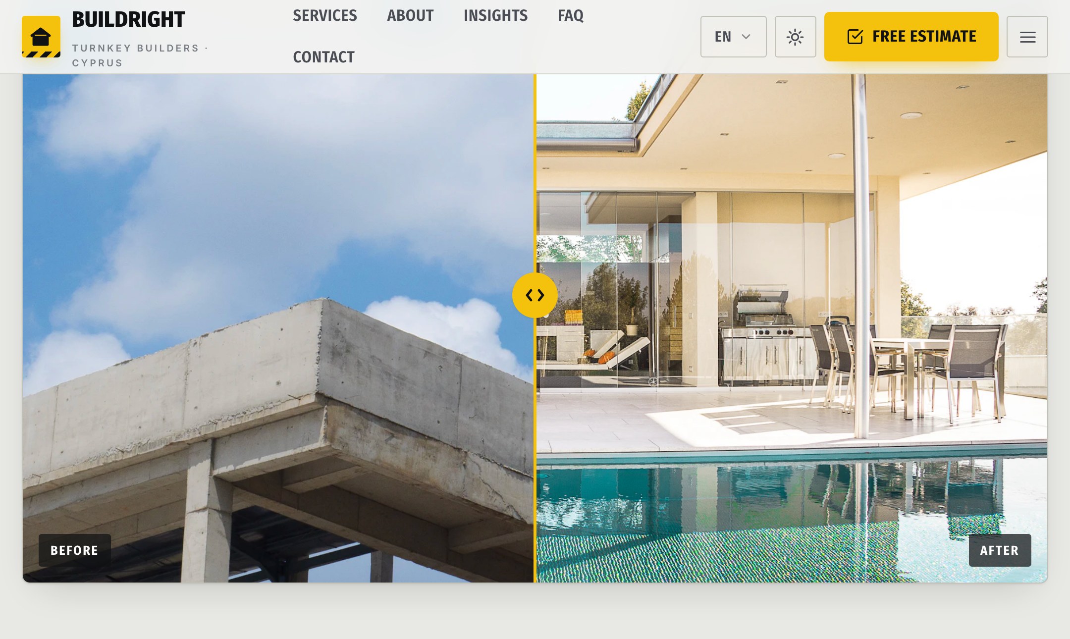 Before/after slider — from concrete shell to finished home