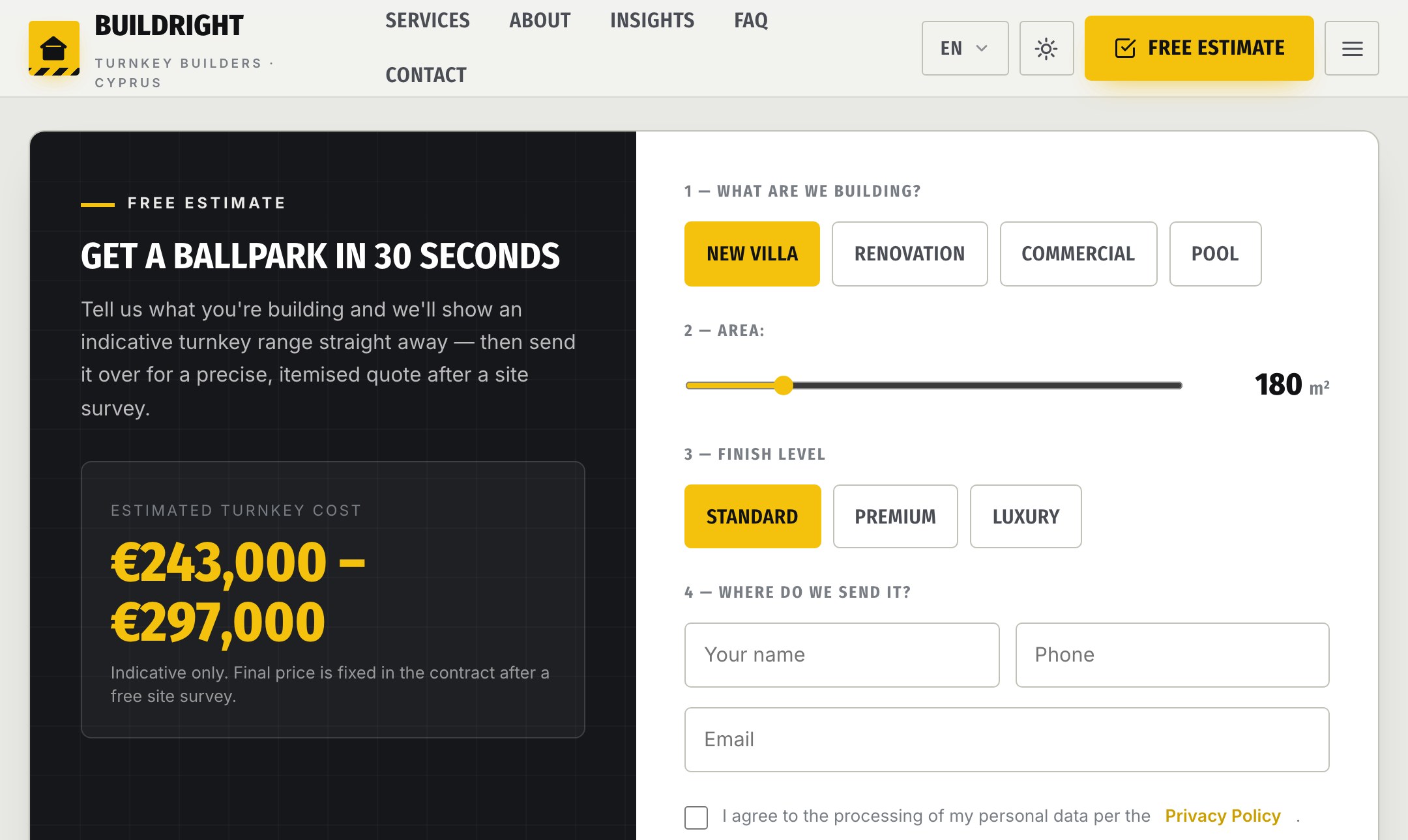 Live estimate calculator — object type, area and finish level