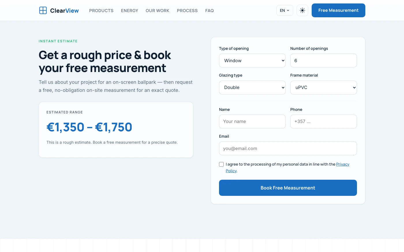 Estimate calculator + free-measurement form
