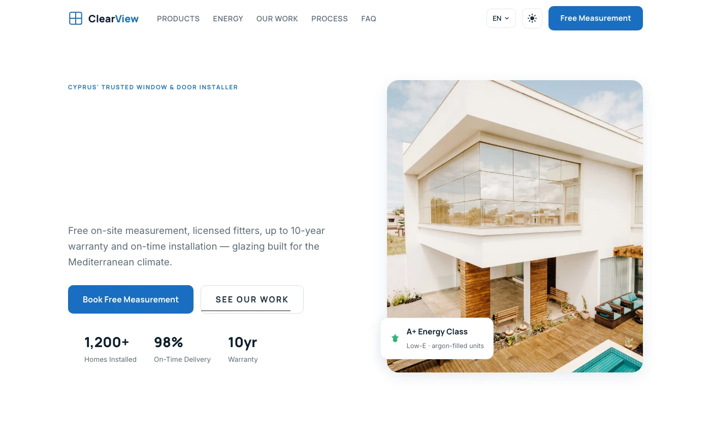 Homepage: clean “glass & sky” hero with an instant estimate CTA