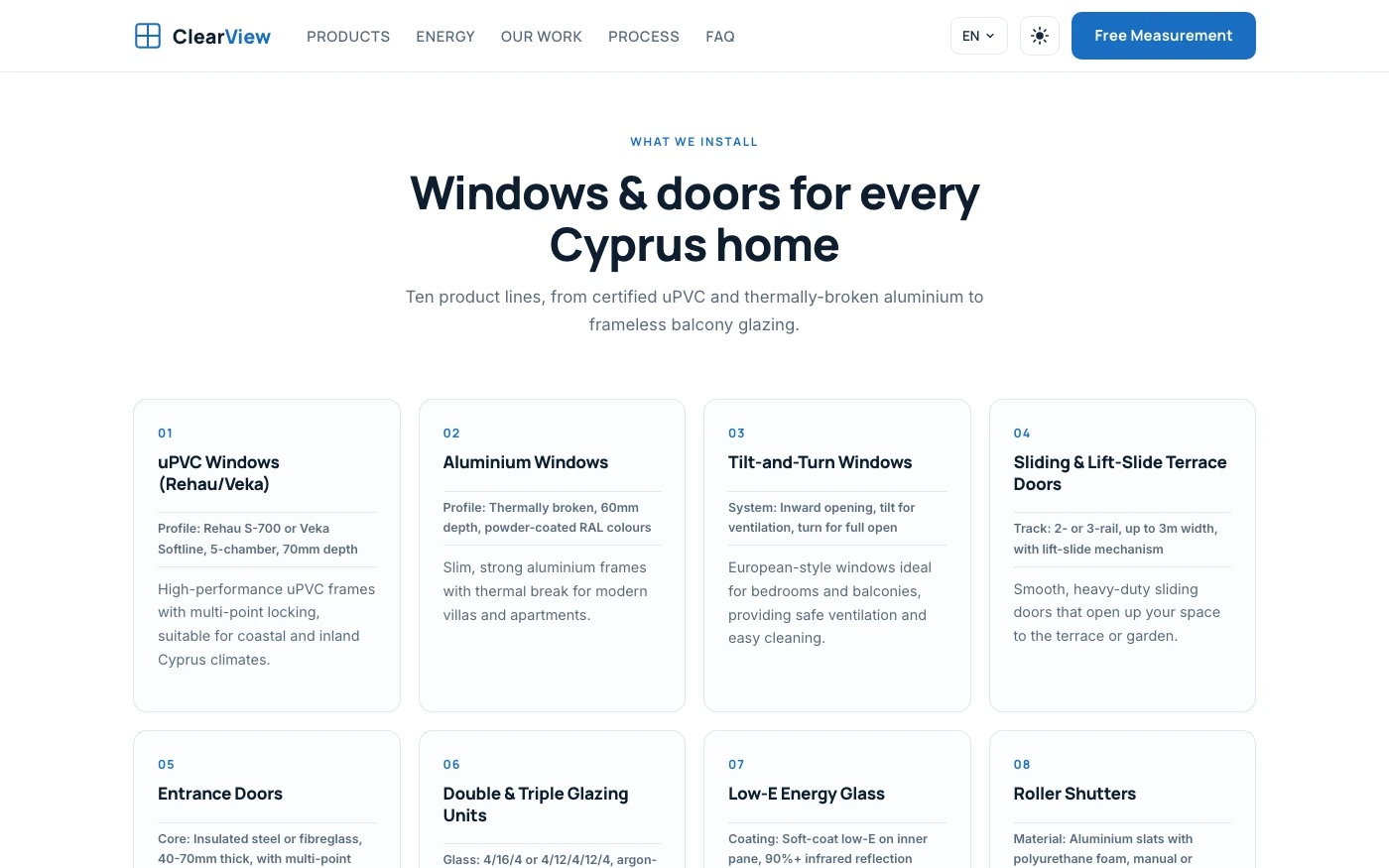 Product lines — uPVC, aluminium, sliding doors, balcony glazing