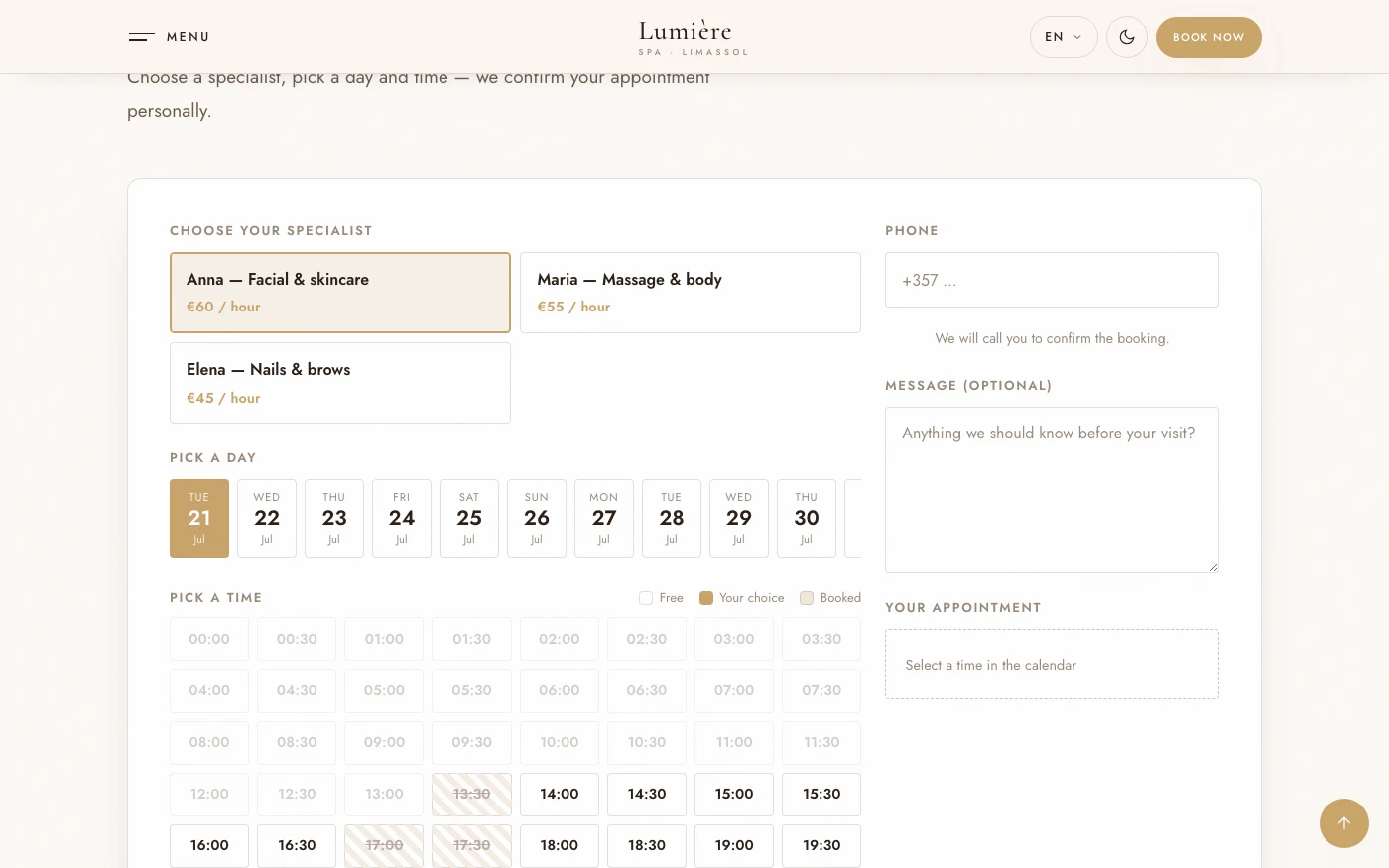 Booking: specialist → day → time, with a live summary