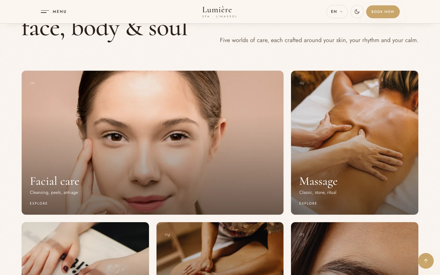 Treatment menu — five worlds of care, with prices