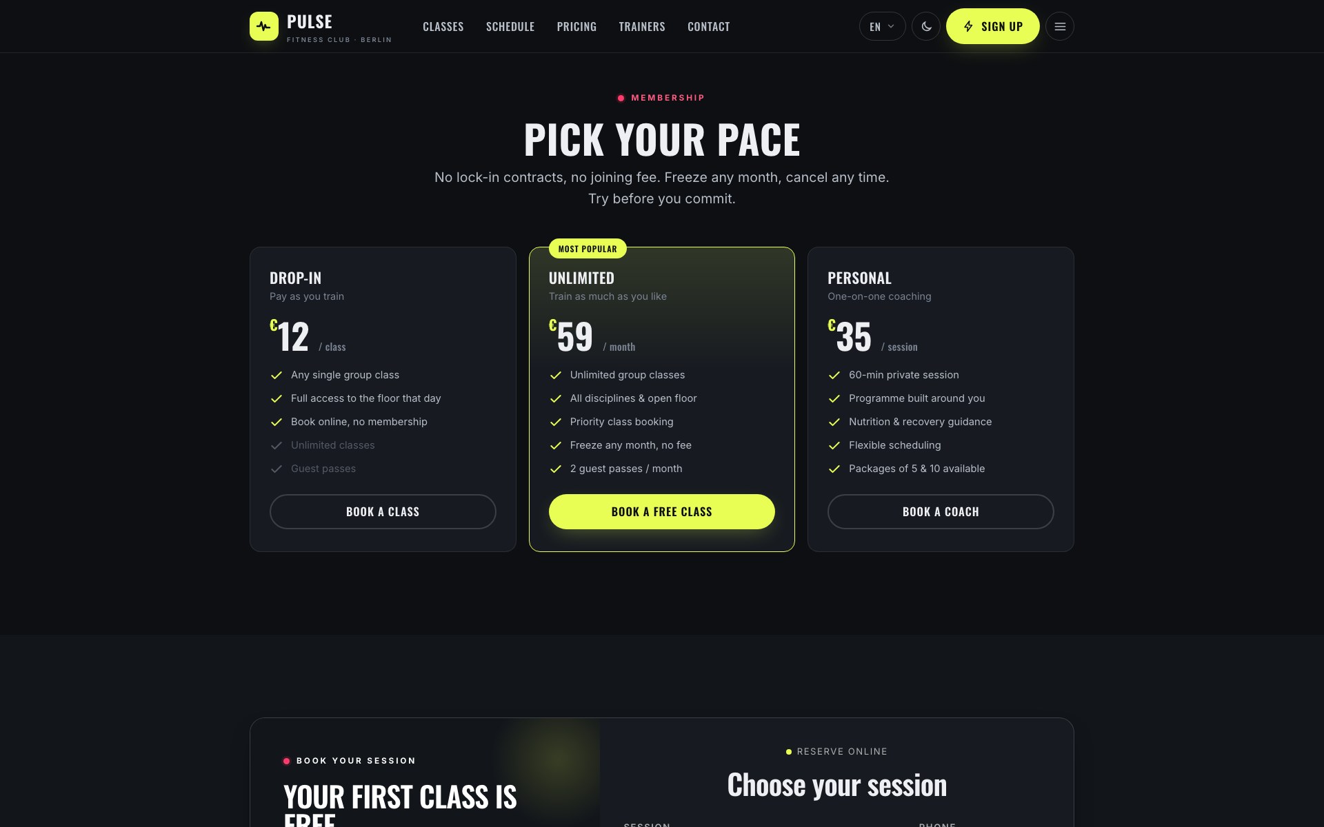 Membership tiers — drop-in, unlimited, personal