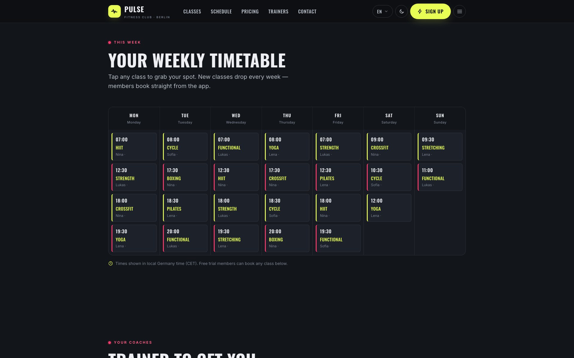 Interactive weekly class timetable