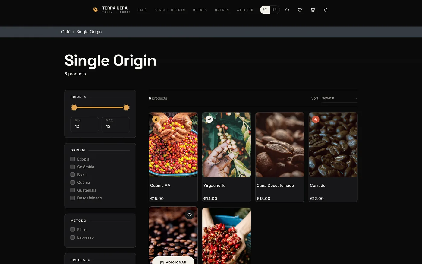 Каталог single-origin с фильтрами и данными происхождения