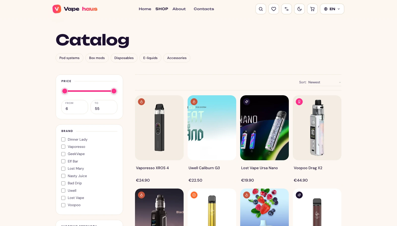 Catalog with brand / strength / price filters
