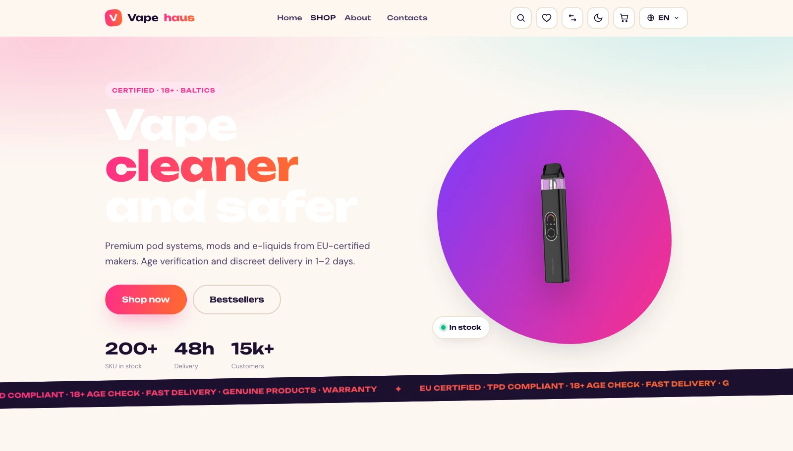 Homepage: bold flavour-forward hero, categories and bestsellers